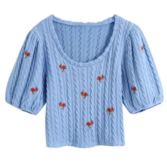 NWT ZARA Embroidered Cable Knit Short Sleeve Cropped Sweater Women’s Large Blue - Picture 2 of 3